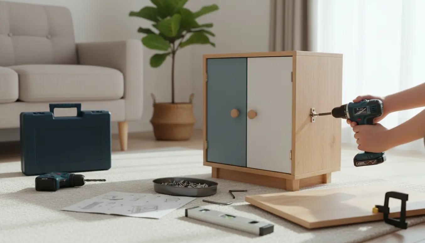 Delvist samlet to-dørs skab på omkring 160 centimeter på gulvet med værktøj og hænder, der monterer hængsler.