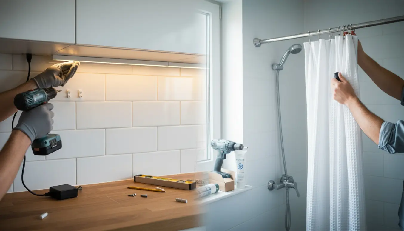 Installation af LED-underskabslampe i køkken og opsætning af badeforhængstang i badeværelse med hænder og værktøj i fokus.