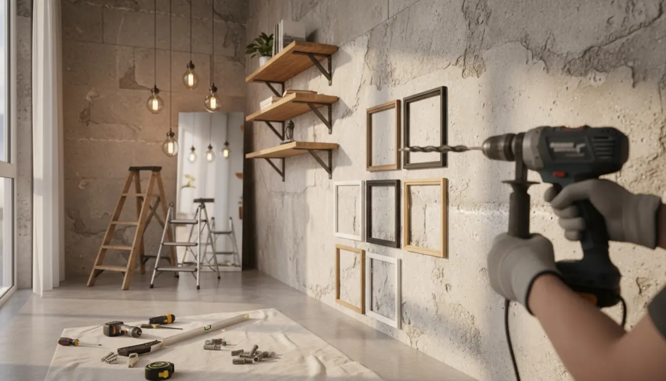 Arbejdsområde med værktøj og hængende lamper, billeder, hylder og et spejl på en betonvæg.