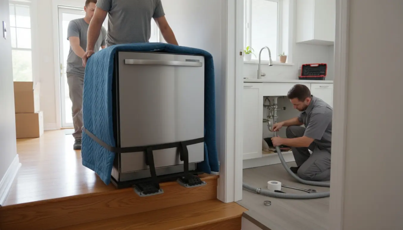 En opvaskemaskine indpakket i flyttetæpper bæres op ad en trappe, mens en tekniker tilslutter slanger under køkkenvasken.