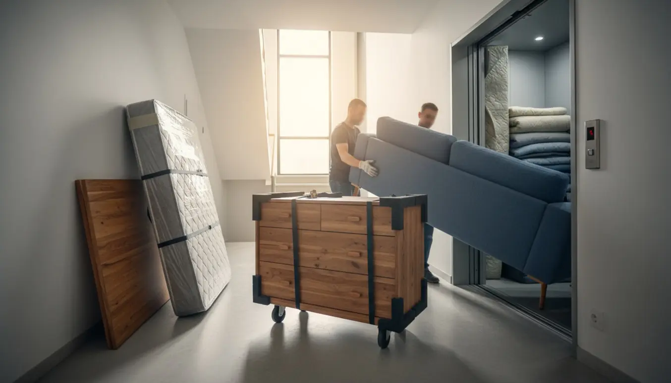 Flyttefolk fører en sofa ind i en elevator med madras, sengestel og kommode pakket klar i opgangen.