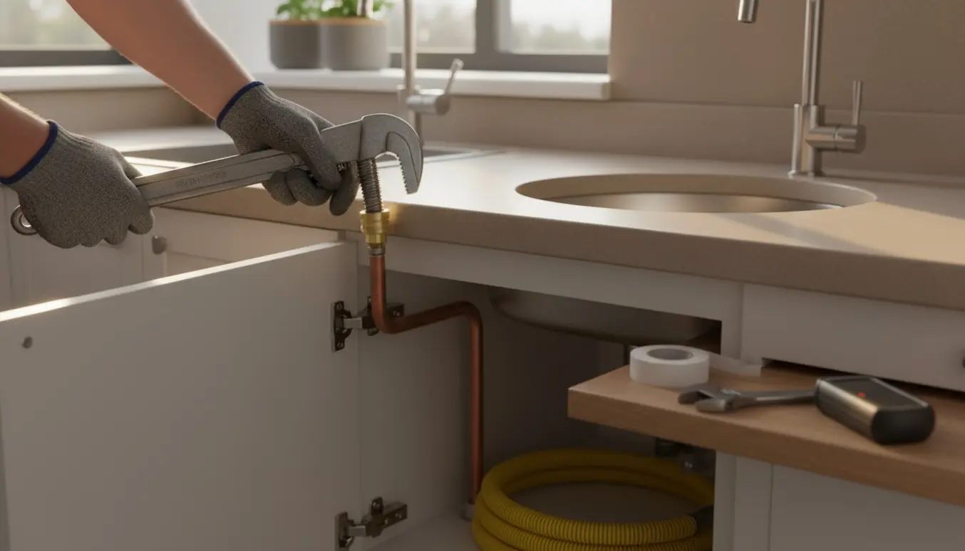 Tekniker monterer blindprop på en gasledning i køkkenet, kun hænder og værktøj synlige.