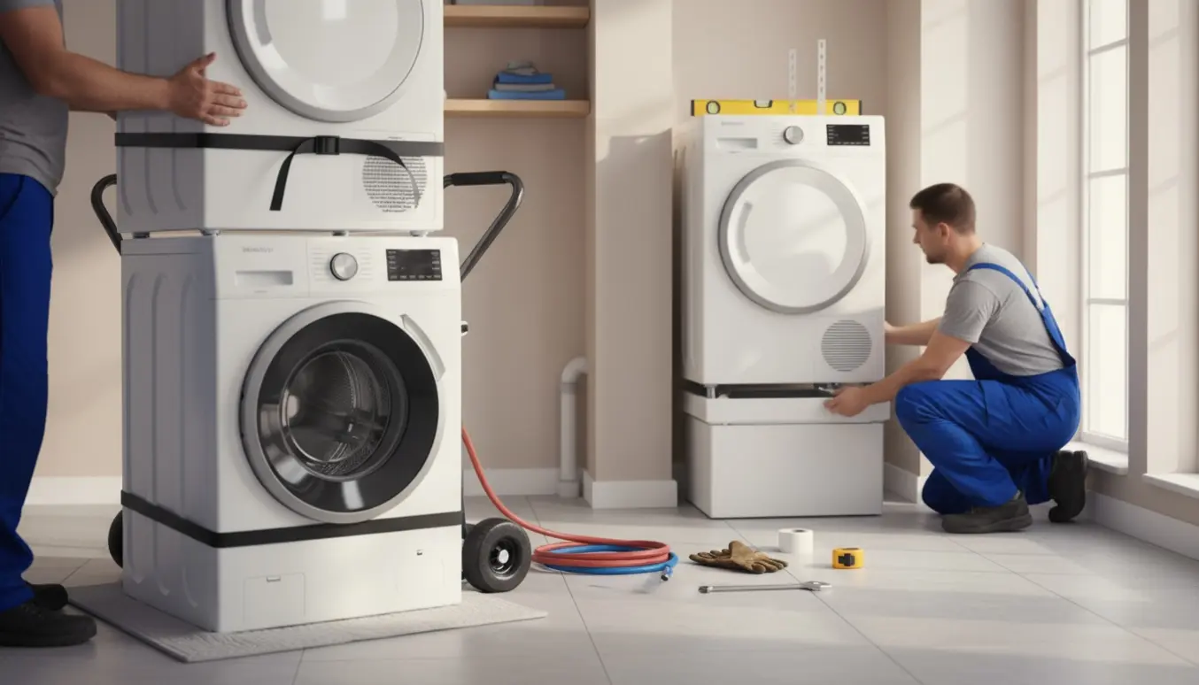 Vaskemaskine og tørretumbler flyttes og forberedes til montering i et lyst bryggers med dolly og værktøj.