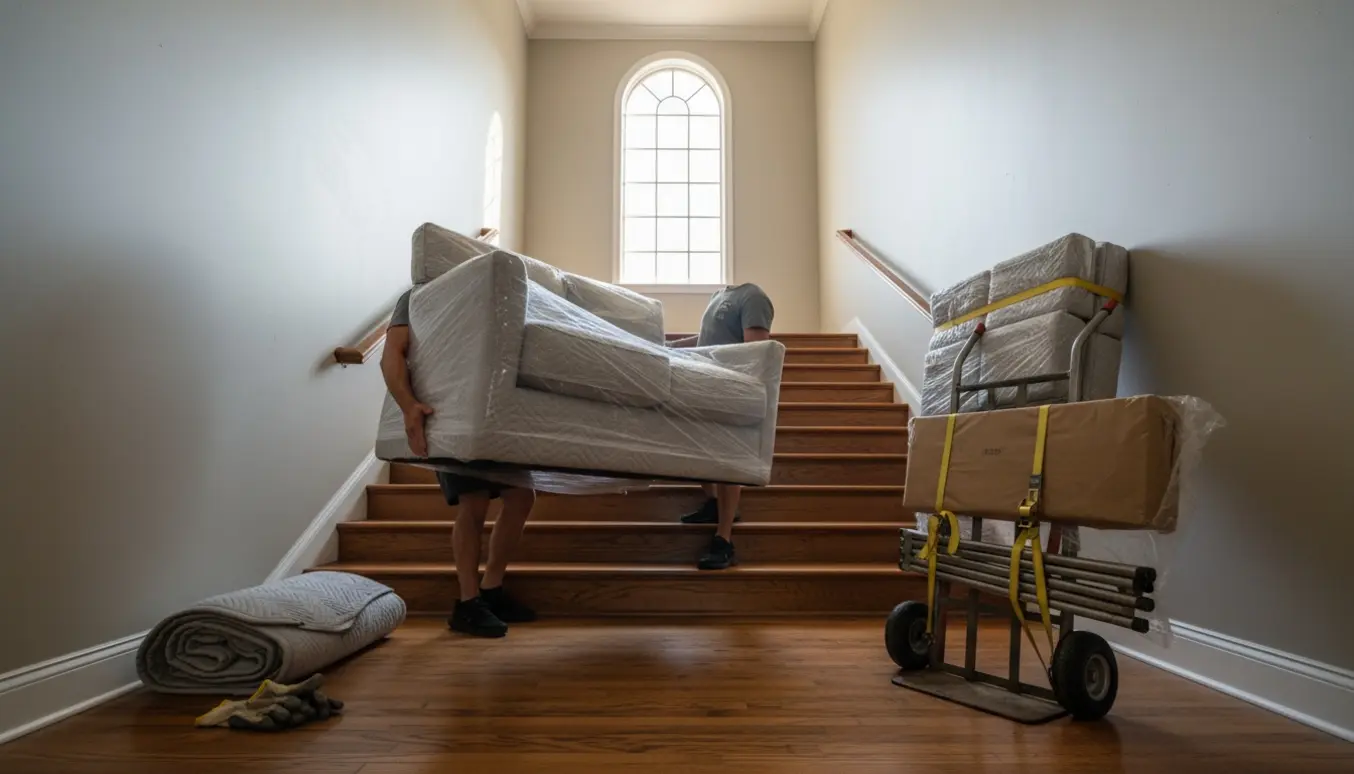 Bærere løfter indpakkede sofa- og bordpakker op ad en bred trappeopgang mod 3. sal.