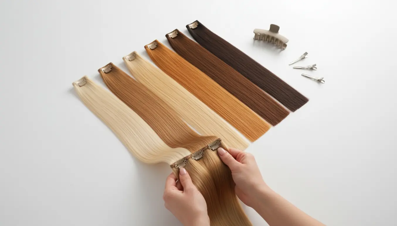 Nærbillede af silkebløde clip-in extensions på hvid baggrund, arrangeret for at vise farver og tekstur.