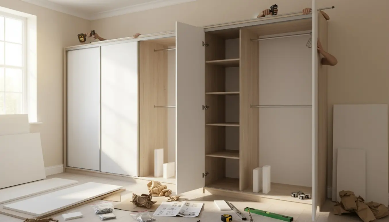 Montage af et tre meter bredt fladpakket garderobeskab med skydelåger og almindelige låger i et lyst soveværelse.