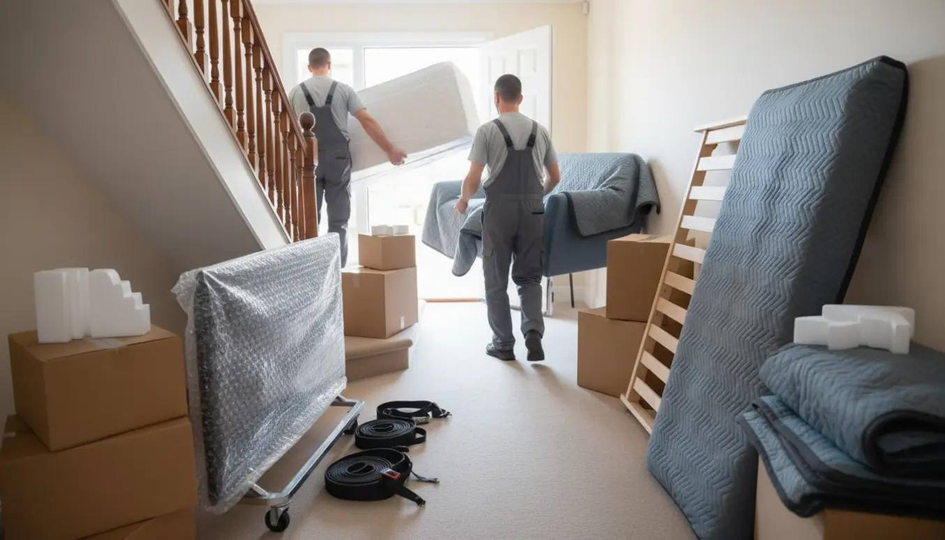Flyttere bærer en indpakket seng, sofa og pakket tv op ad en trappe ved en lejlighedsindgang.