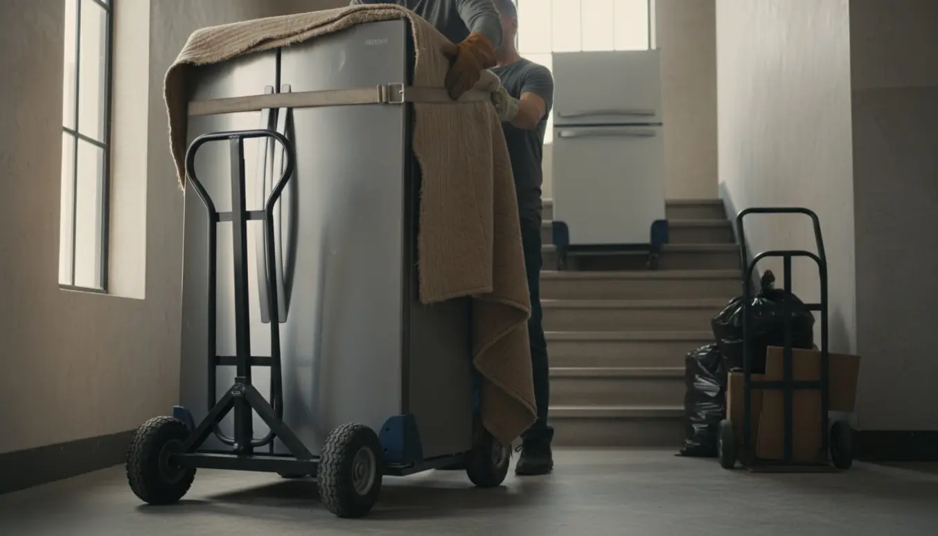 To personer sikrer et kølefryseskab på en rullevogn i en lys opgang, mens en anden enhed og skraldsække er klar til at blive båret ned.