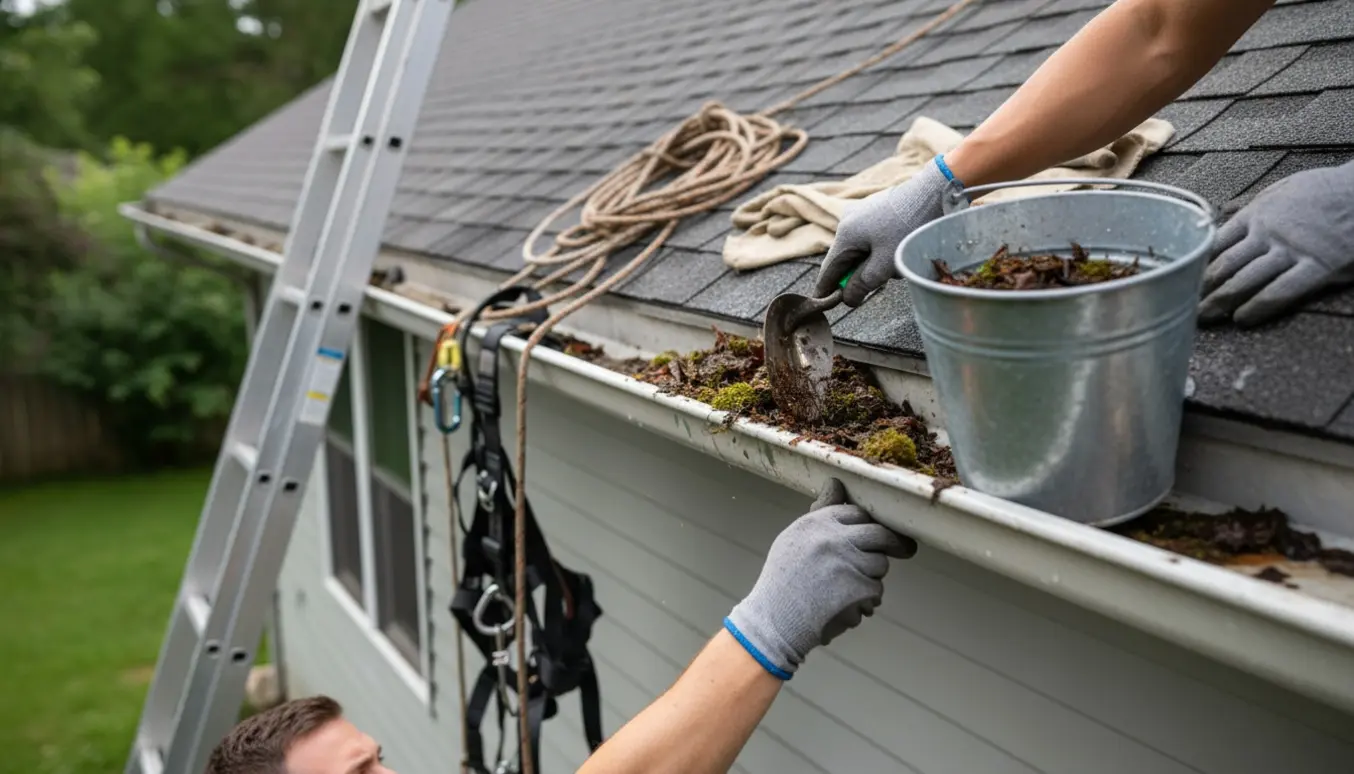 Handskerede hænder fjerner blade og mos fra en tagrende på et lavt enfamiliehus med stige.