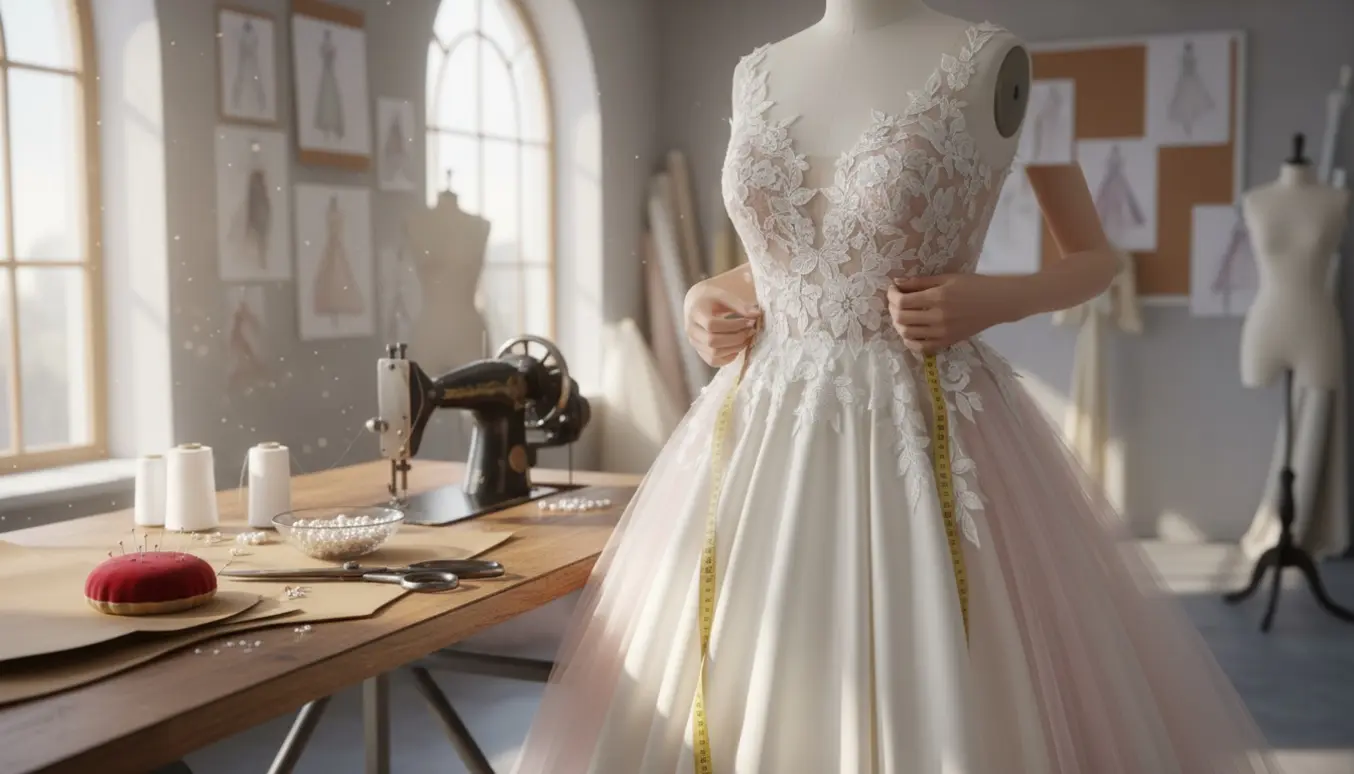 Skrædderhænder justerer en håndsyet brudekjole på en plus-size manequin i et solbelyst atelier.