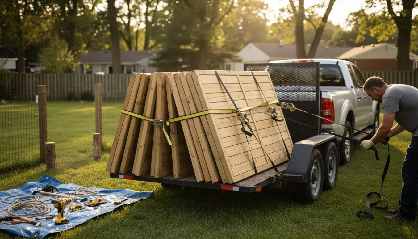 Lastet trailer med afmonterede flethegn og bundne stolper klar til bortkørsel i en baghave.