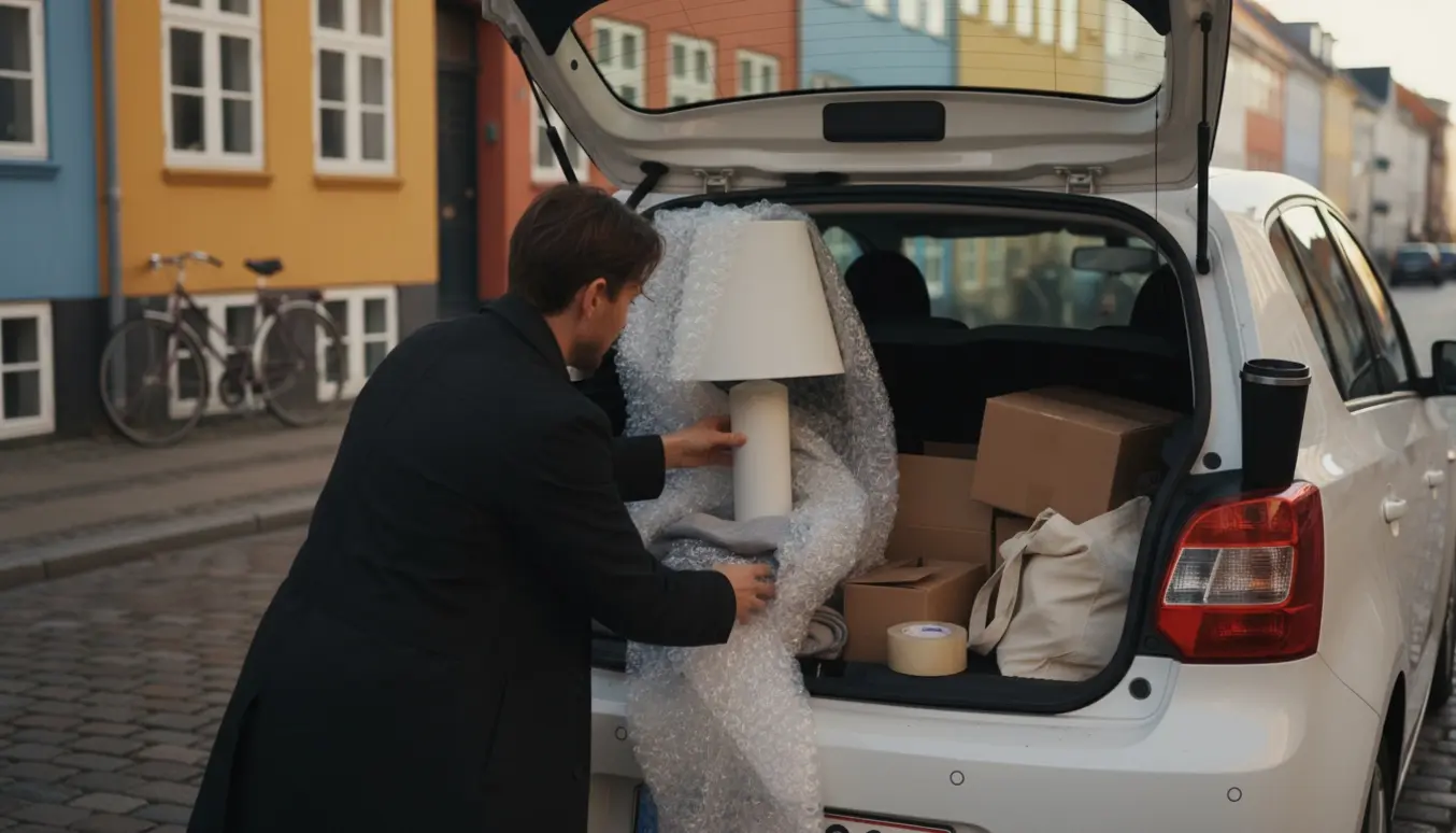 En person læsser en indpakket lampe i bilens bagagerum foran farverige københavnske huse.