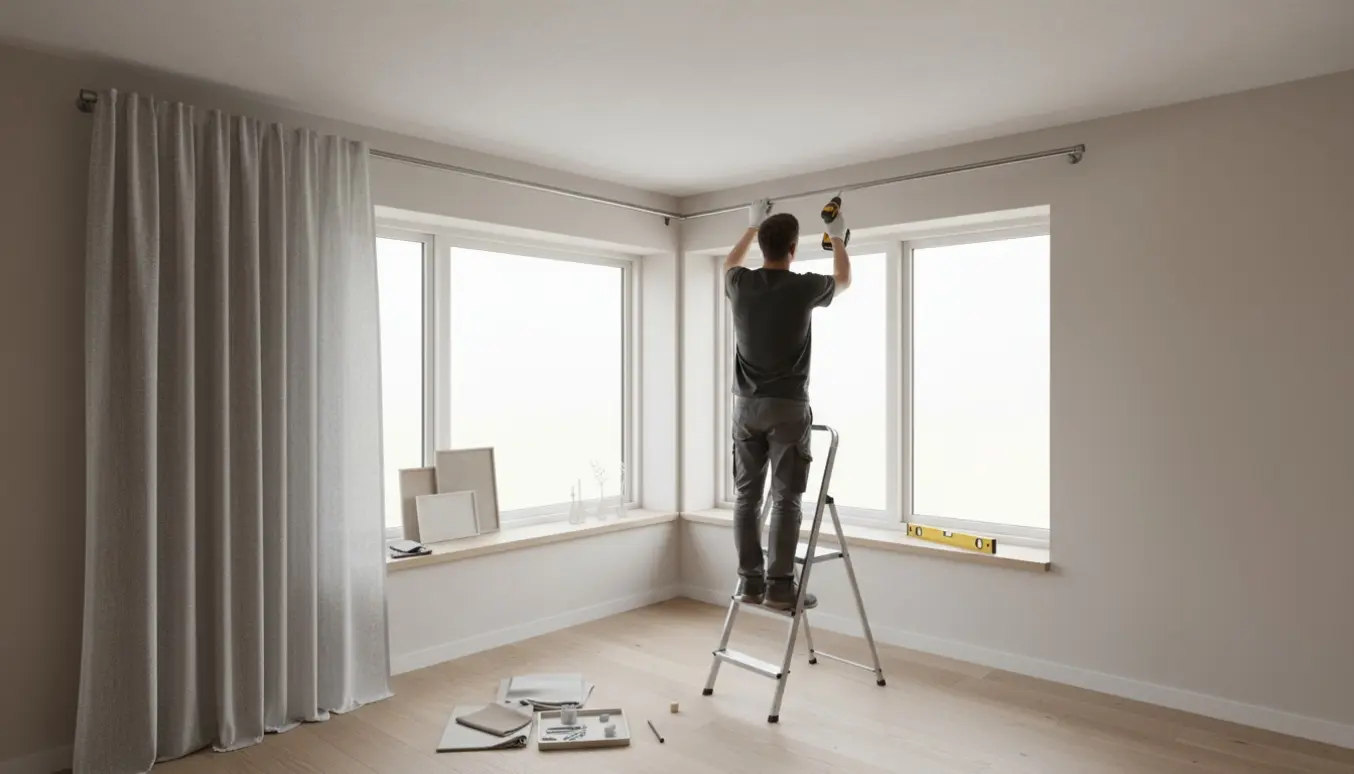 Hænder monterer en loftmonteret gardinstang i et hjørnevindue med boremaskine og gardinstof på vindueskarmen.
