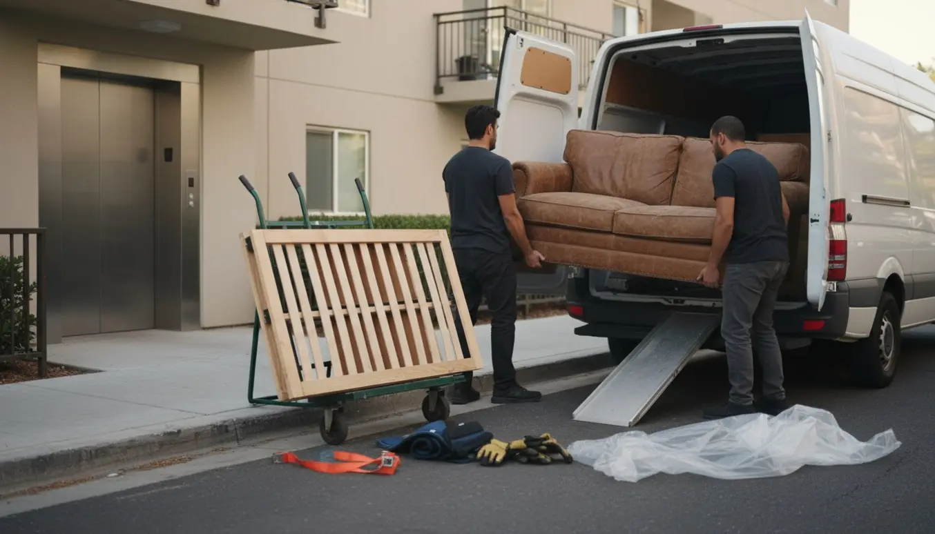 To flyttemænd læsser en skindsofa og en adskilt sengelamme ind i en varevogn ved en opgang med elevator.