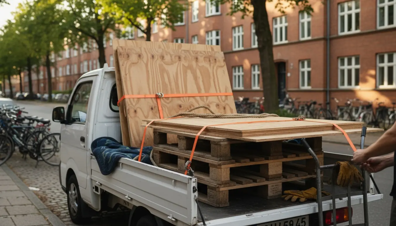 Lastet pickup med krydsfinerplader og to europaller parkeret på en stille Frederiksberg-gade.