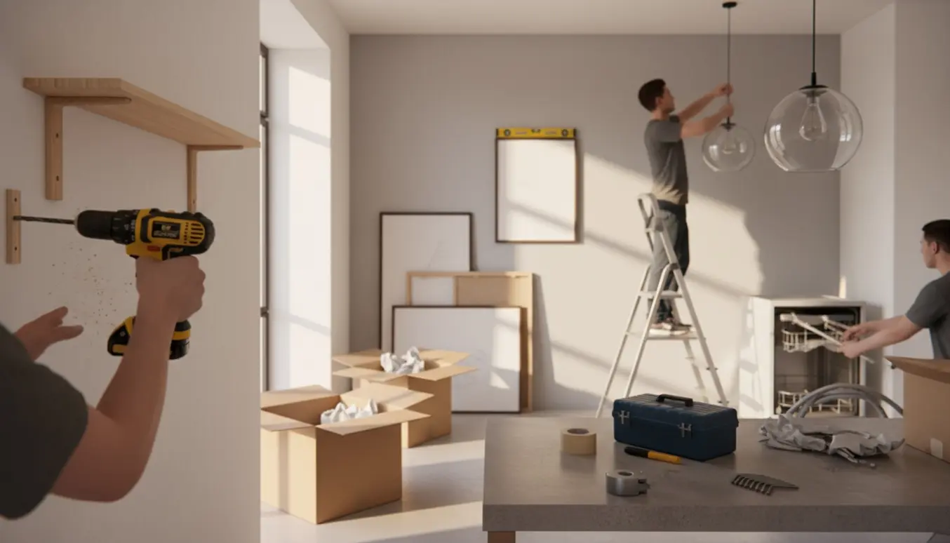 Hænder monterer hylder og lamper i en ny lejlighed blandt flyttekasser og værktøj.