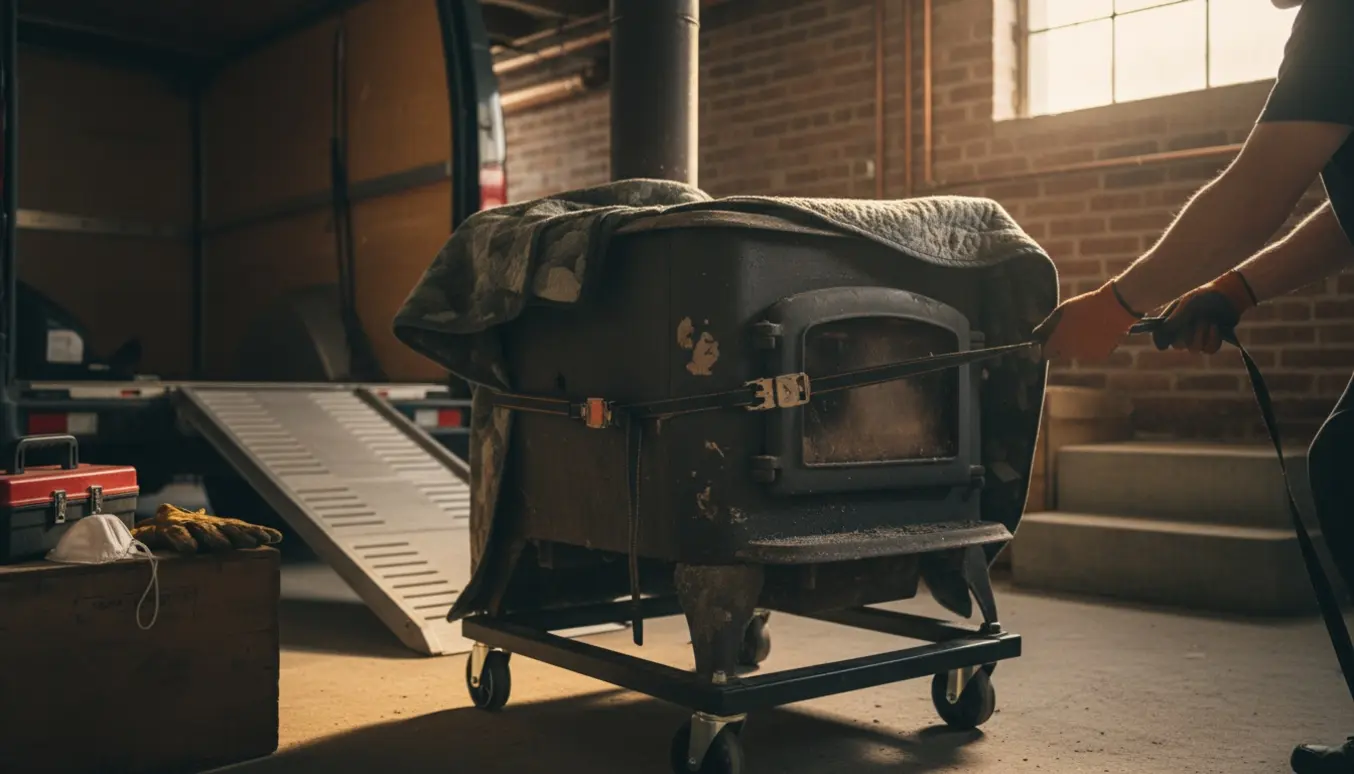 En frakoblet støbejernsbrændeovn på en flyttevogn i kælderen klar til afhentning og bortskaffelse.