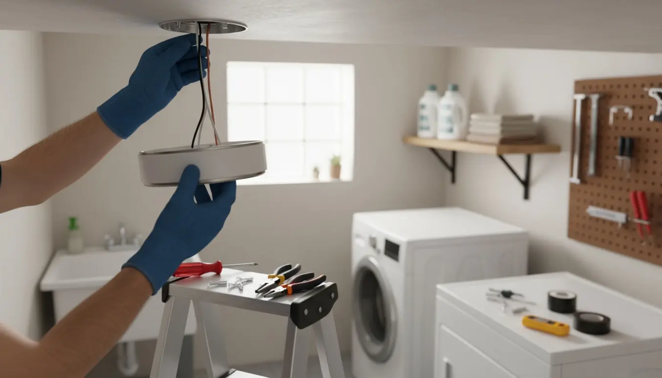 Hænder monterer en loftlampe i et ryddeligt bryggers med stige og værktøj i baggrunden.