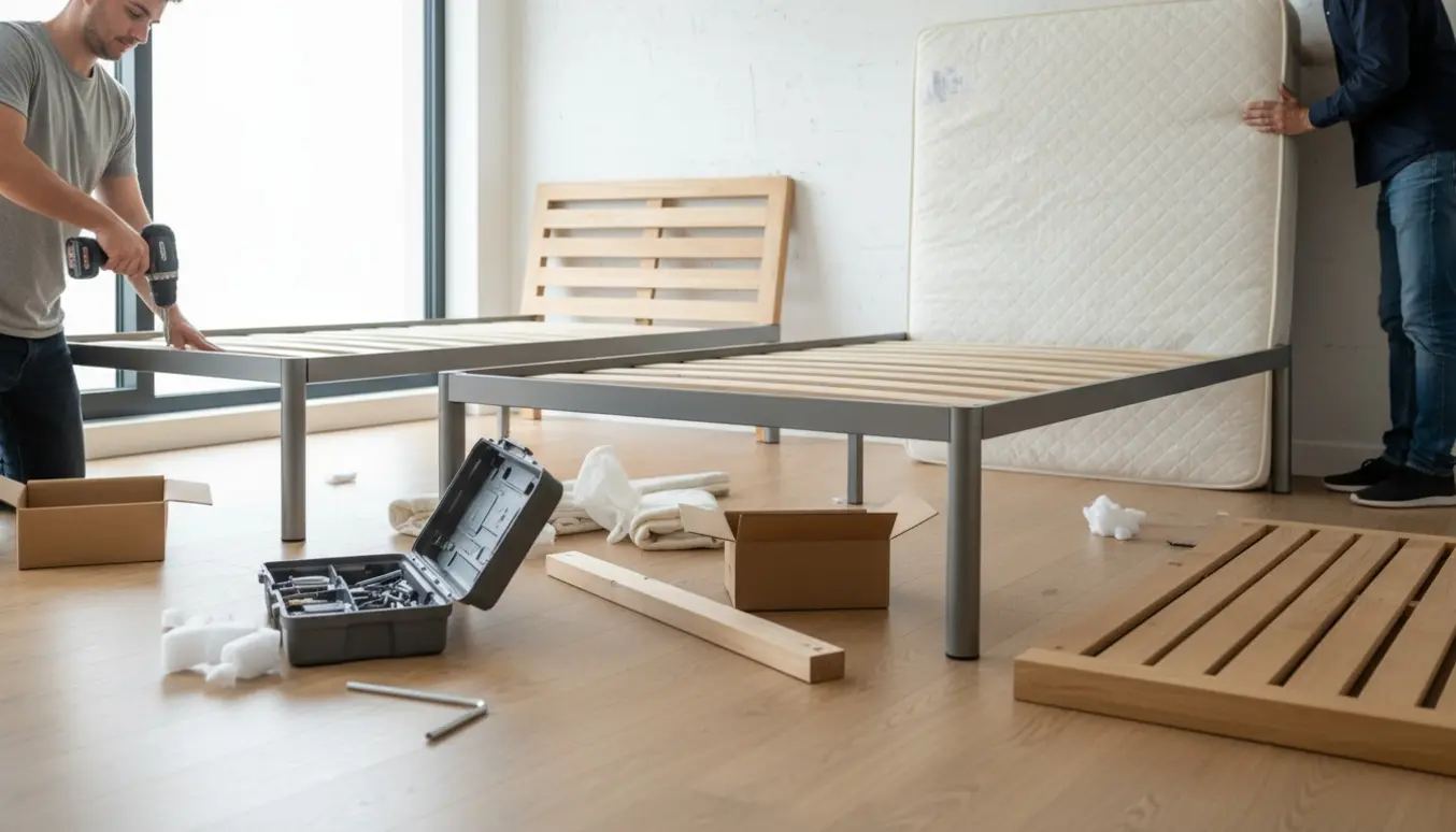 To personer samler to senge i et lyst soveværelse med værktøj og dele spredt omkring, ansigter er ikke synlige.