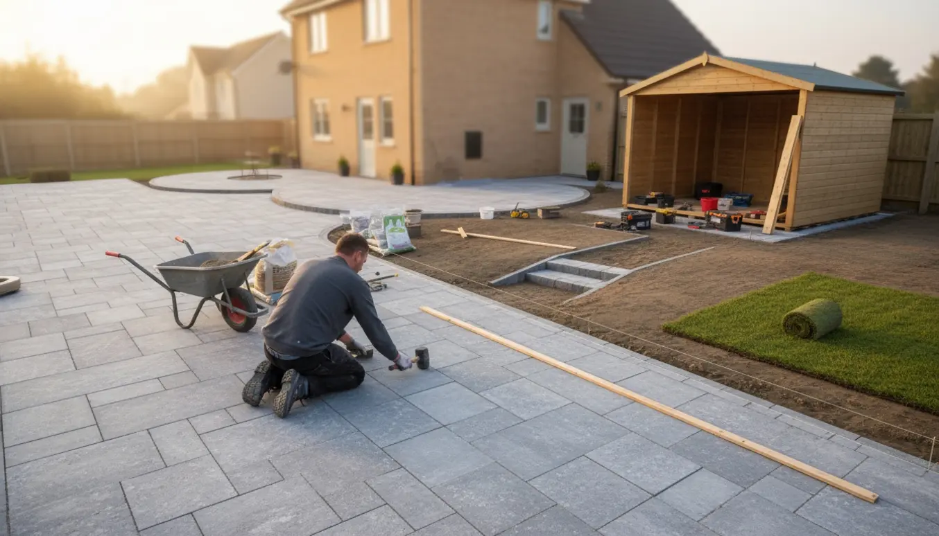 Håndværkere lægger fliser til terrasse, indkørsel og sti ved et hus, med jordvold og et nyt skur i baggrunden.