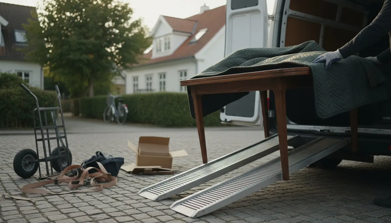 Et træspisebord bliver forsigtigt læsset ind i en varebil på en rolig nordisk villavej.