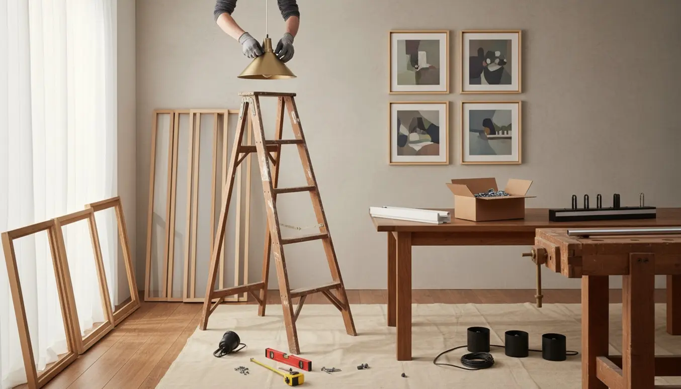 Hænder monterer en pendel i en stue med stige, værktøj og malerier klar til ophæng.