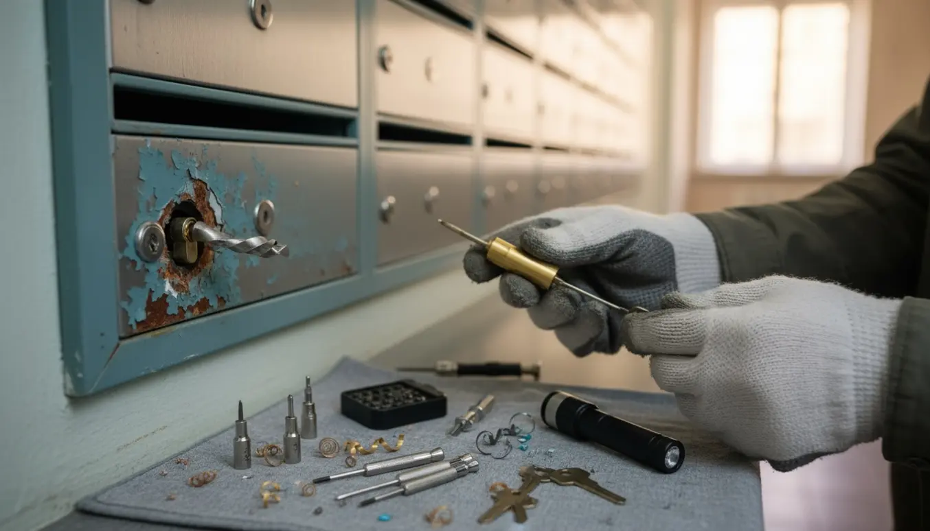 Handske‑klædte hænder udskifter en brækket låsecylinder i en opgangs‑postkasse.