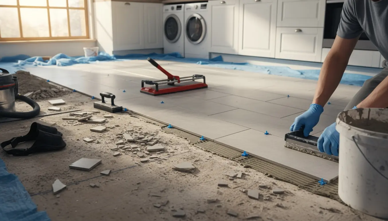 Køkken- og bryggersgulv under fliseudskiftning med nye fliser, værktøj og håndværkerhænder i arbejde.