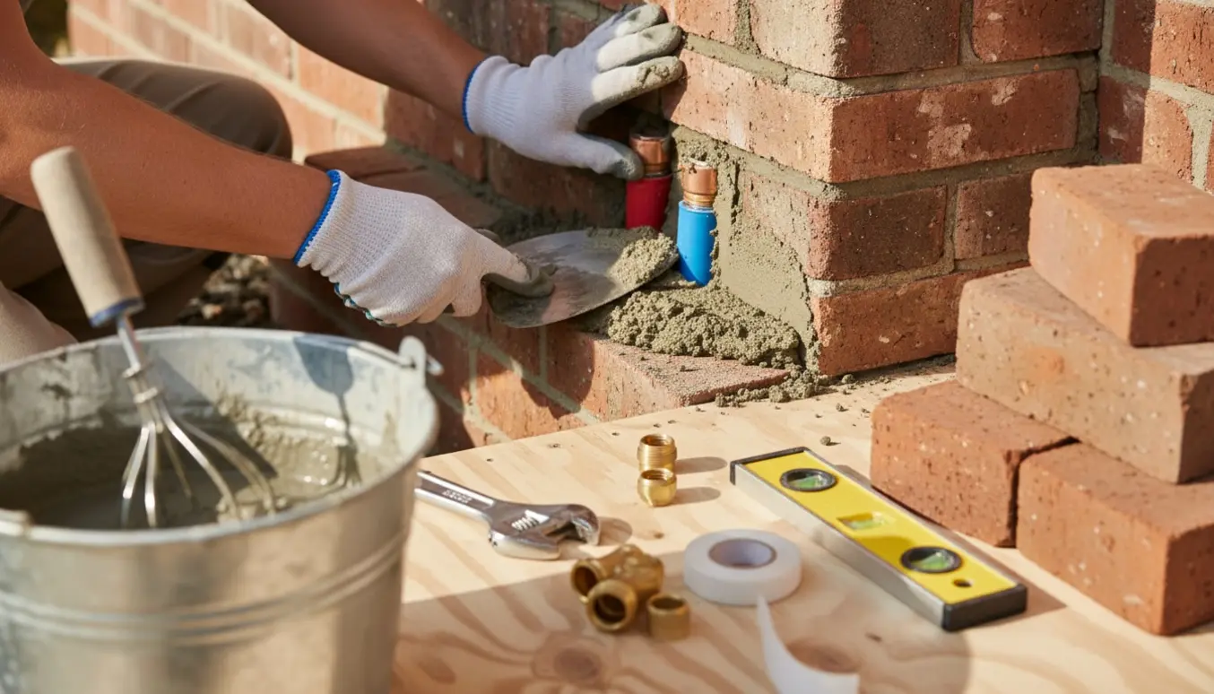 To vandrør mures ind i en mur med friskt mørtel og arbejdshandsker i naturligt dagslys.
