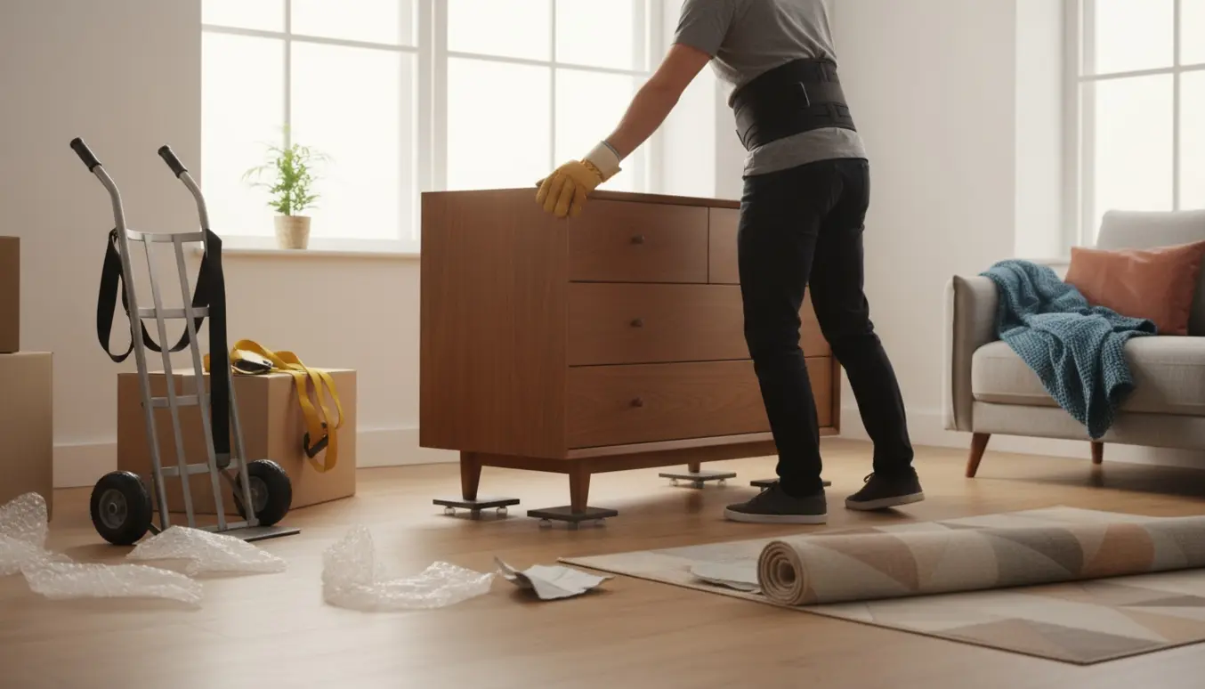Person med rygstøtte skubber en kommode på møbelglidere i et lyst værelse efter flytning.