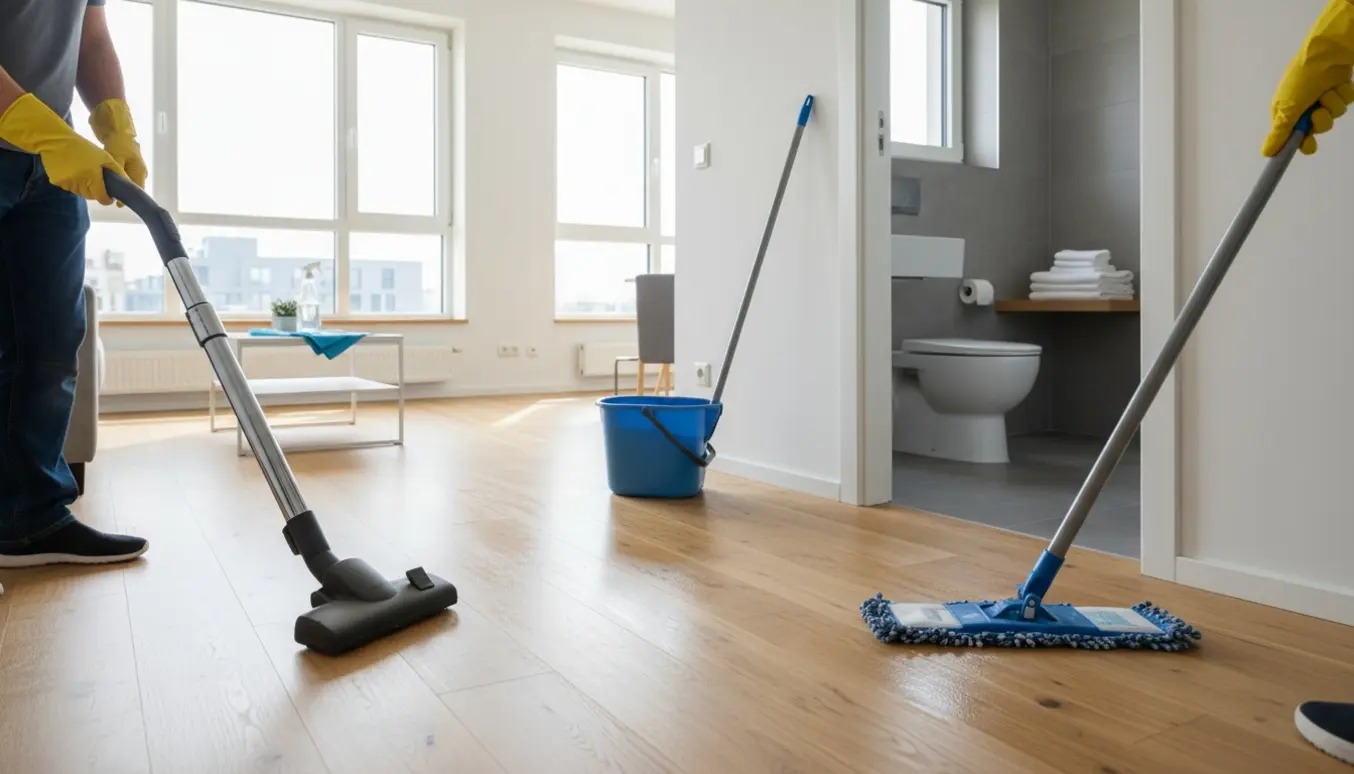 Rengøring i en moderne toværelses lejlighed med støvsuger og moppe og badeværelse i baggrunden.