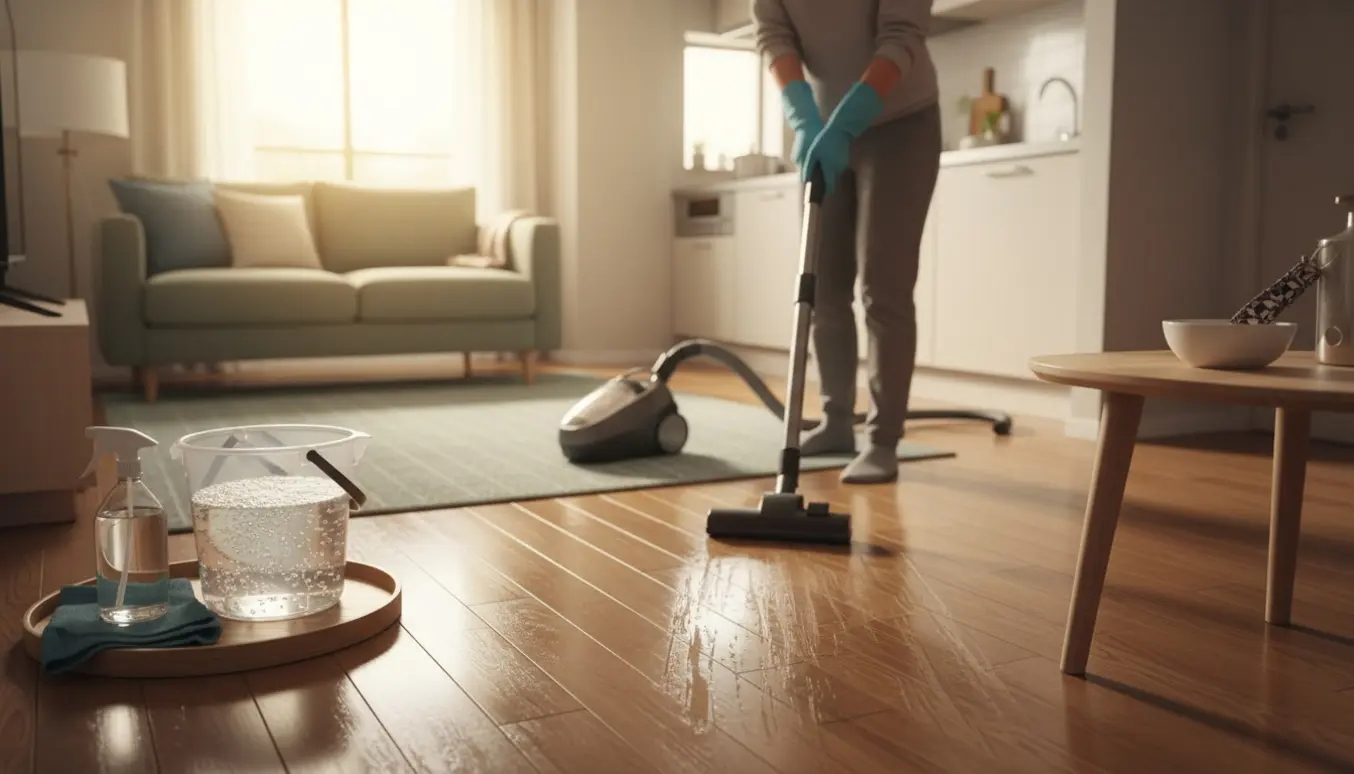 Rengøring i lille lejlighed med moppende hænder, støvsuger, rengøringsmidler og en nøgle i en skål ved døren.