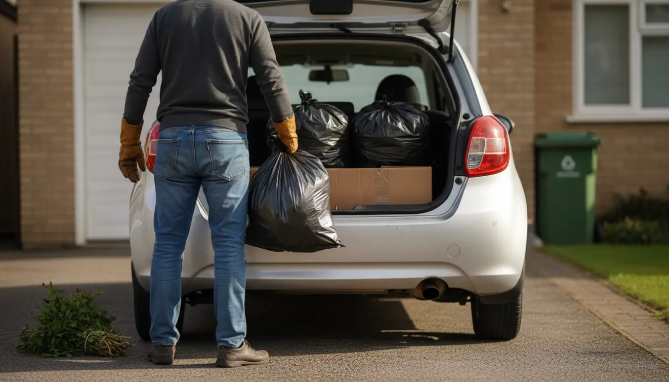 Hænder læsser affaldssække i bagagerummet på en bil ved en indkørsel.