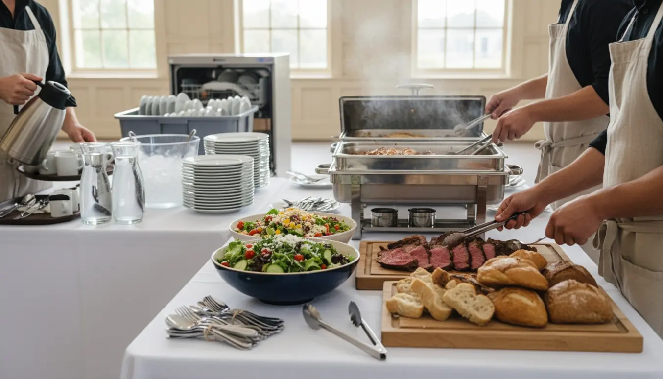 Cateringspersonale uden synlige ansigter anretter varme retter på en buffet og fylder drikkevarer op ved en konfirmationsreception.