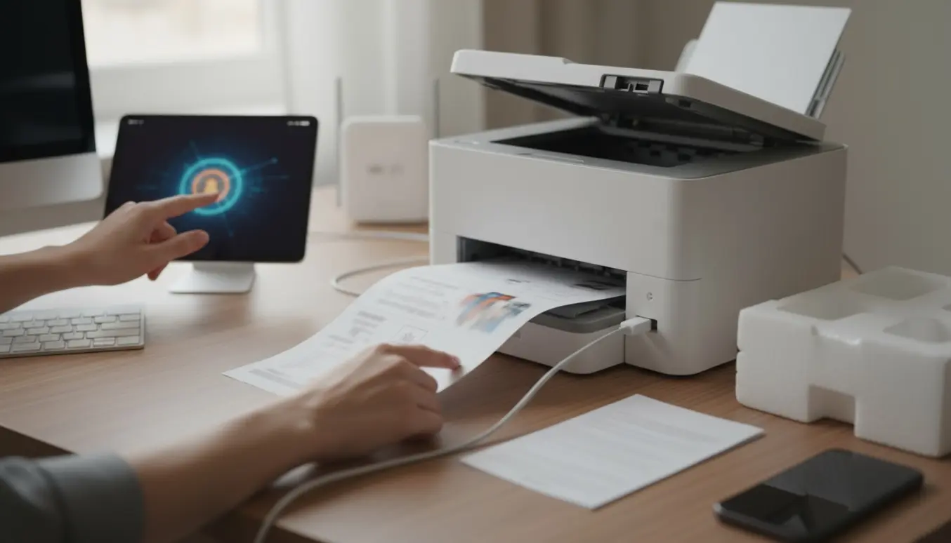 Hænder forbinder en ny printer til en pc og iPad på et lyst, ryddeligt skrivebord.