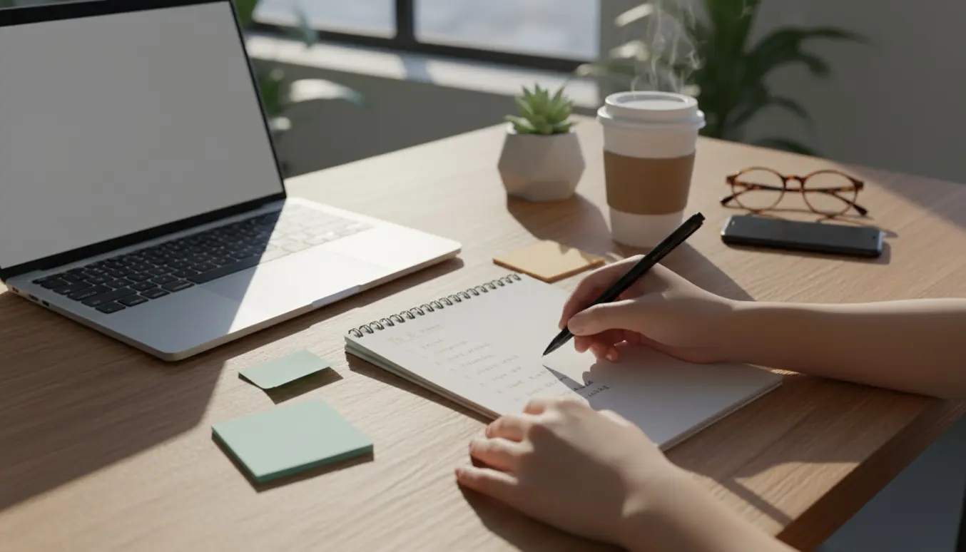 Hænder krydser en opgave af på en to-do-liste ved et soloplyst skrivebord med laptop, notesbog og kaffe.