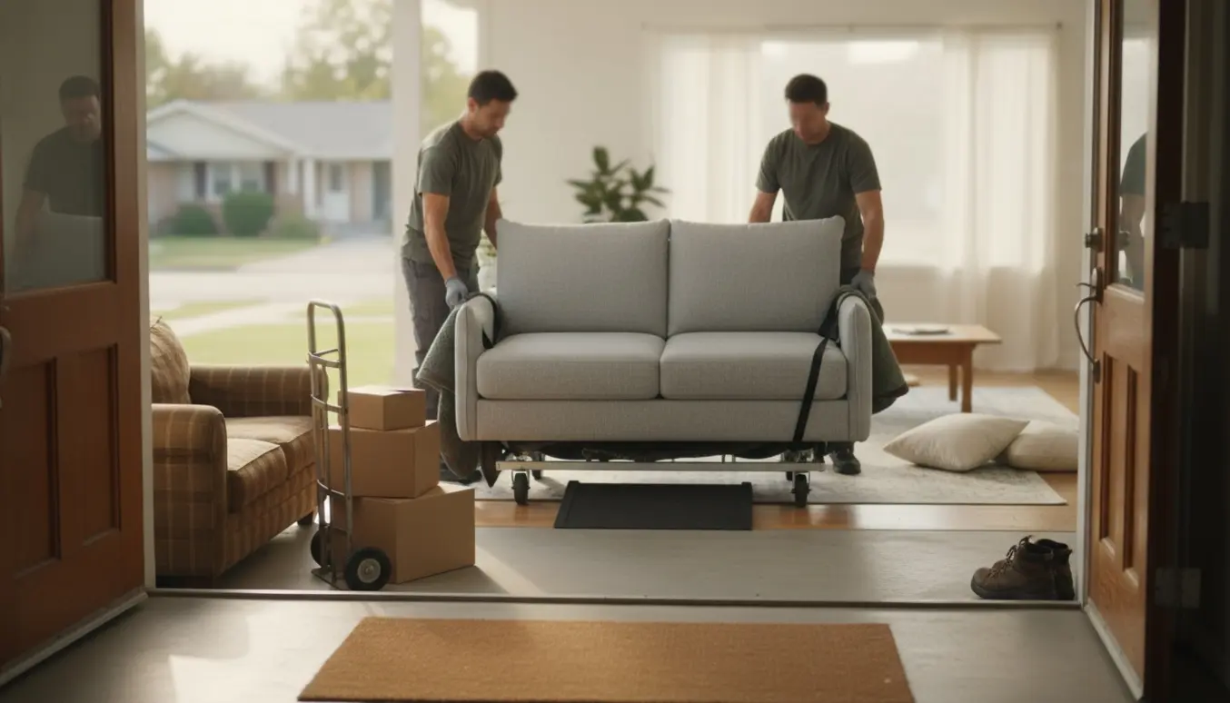 Flyttefolk bærer en sofa gennem en åben hoveddør ind i en stue, mens en gammel sofa står ude ved fortovet til storskrald.