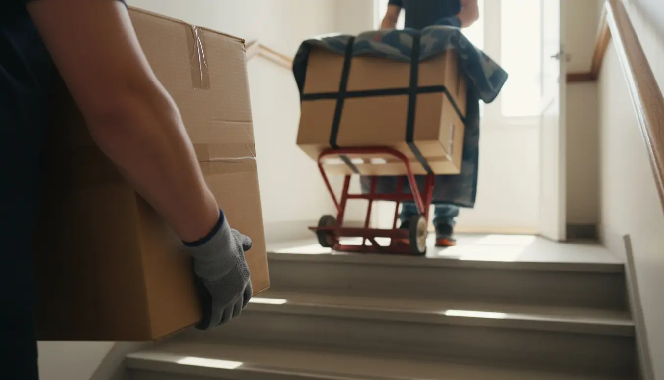 To tunge kasser bæres op ad en opgang af to personer, ansigter er ikke synlige.