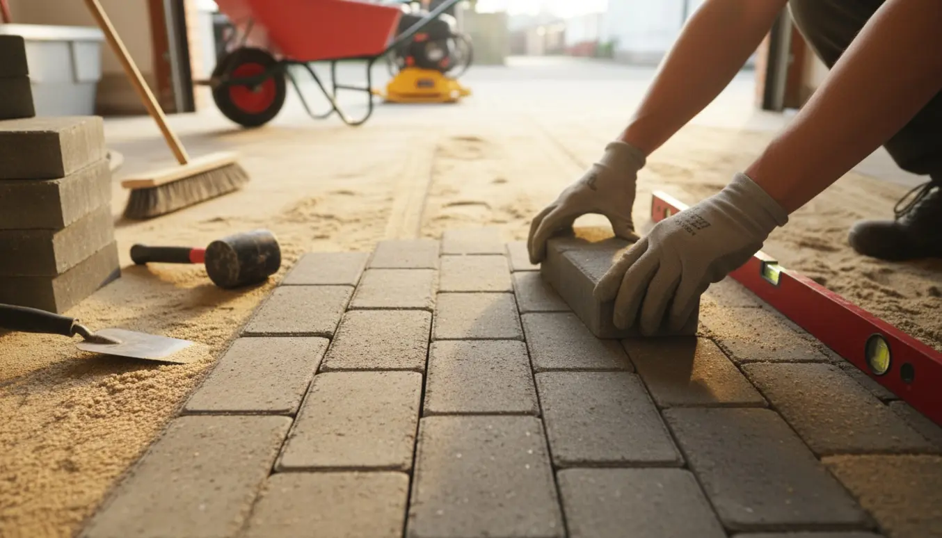 Nærbillede af hænder, der lægger fliser på en sandbund i en garage med værktøj i baggrunden.