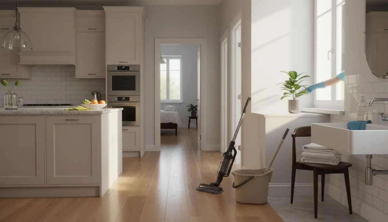 Lyst, rengjort villahjem med moppe, støvsuger og rene værelser set fra gangen.