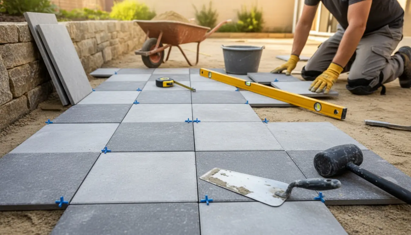 Delvist lagt terrasse med fliser, sand, værktøj og arbejdshænder uden synlige ansigter.