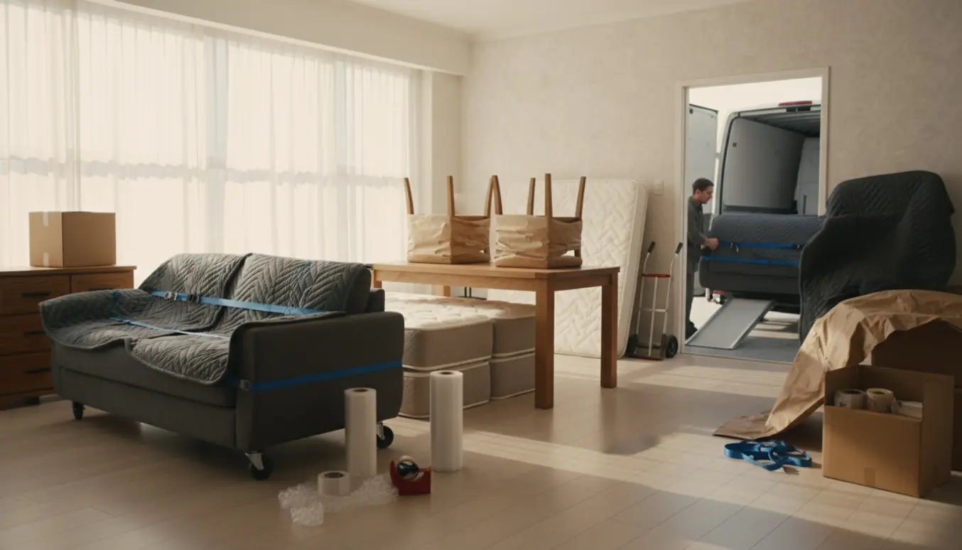 Lys, realistisk flyttescene med indpakket sofa, senge, spisebord, stole og kommoder klar til læsning i en åben flyttebil.