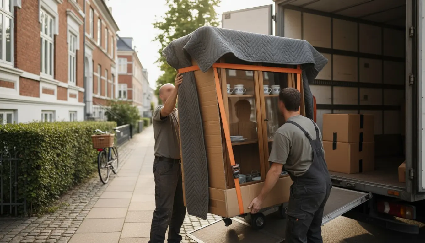 Flytning af et vitrineskab uden for en københavnsk ejendom med flyttefolk, flyttebil og beskyttelsesfilt.