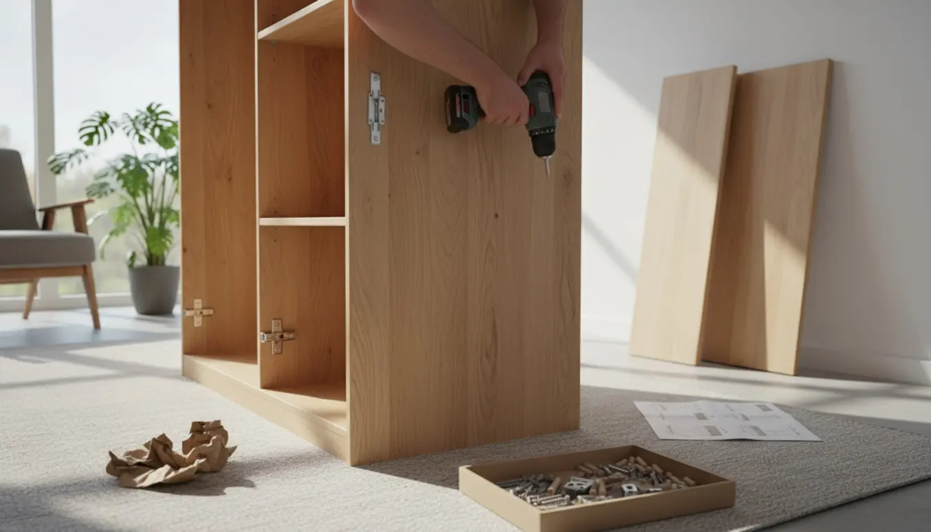 Delvist samlet klædeskab i en lys stue med hænder, der skrues en plade fast ved hjælp af en boredriver.