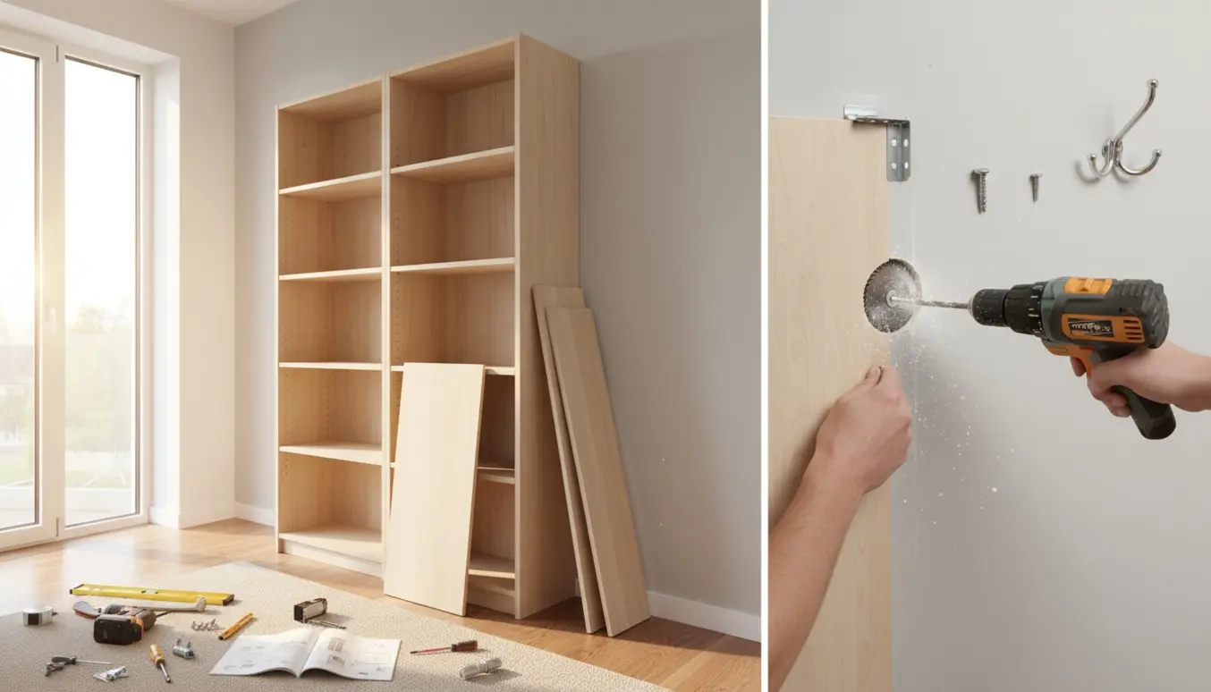 En IKEA Billy-stil reol under samling og montering på væg med boremaskine og en Knaxx-lignende knage klar til opsætning.