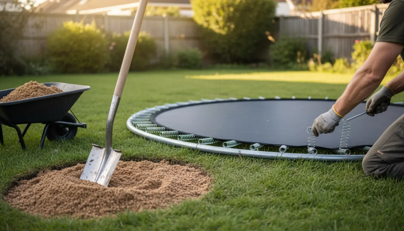En nedgravet trampolin repareres i haven med en skovl, bunker af sand og hænder der strammer fjedre.