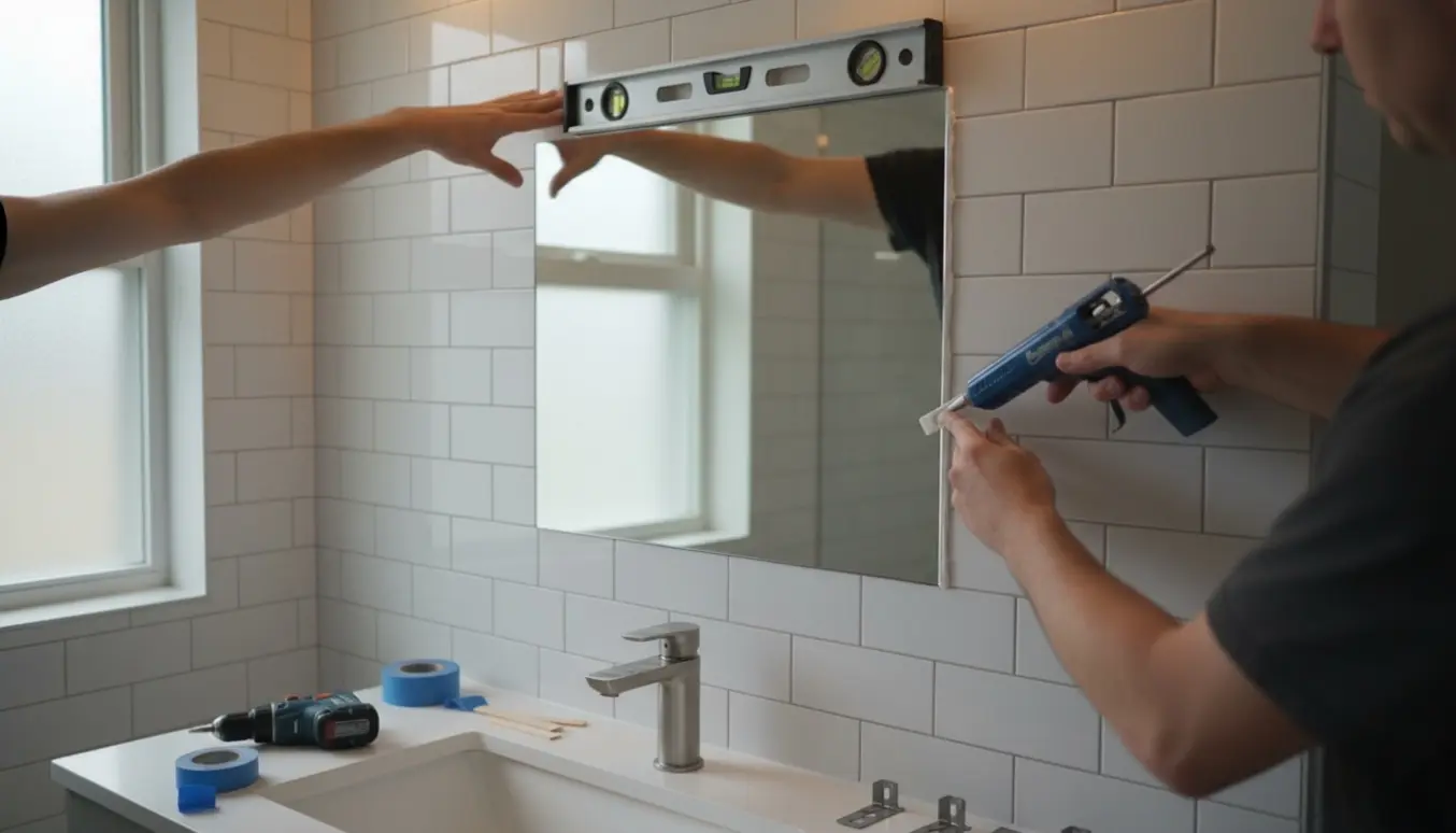 Hænder monterer et spejl i en indhakning på badeværelset med vaterpas og fugepistol.