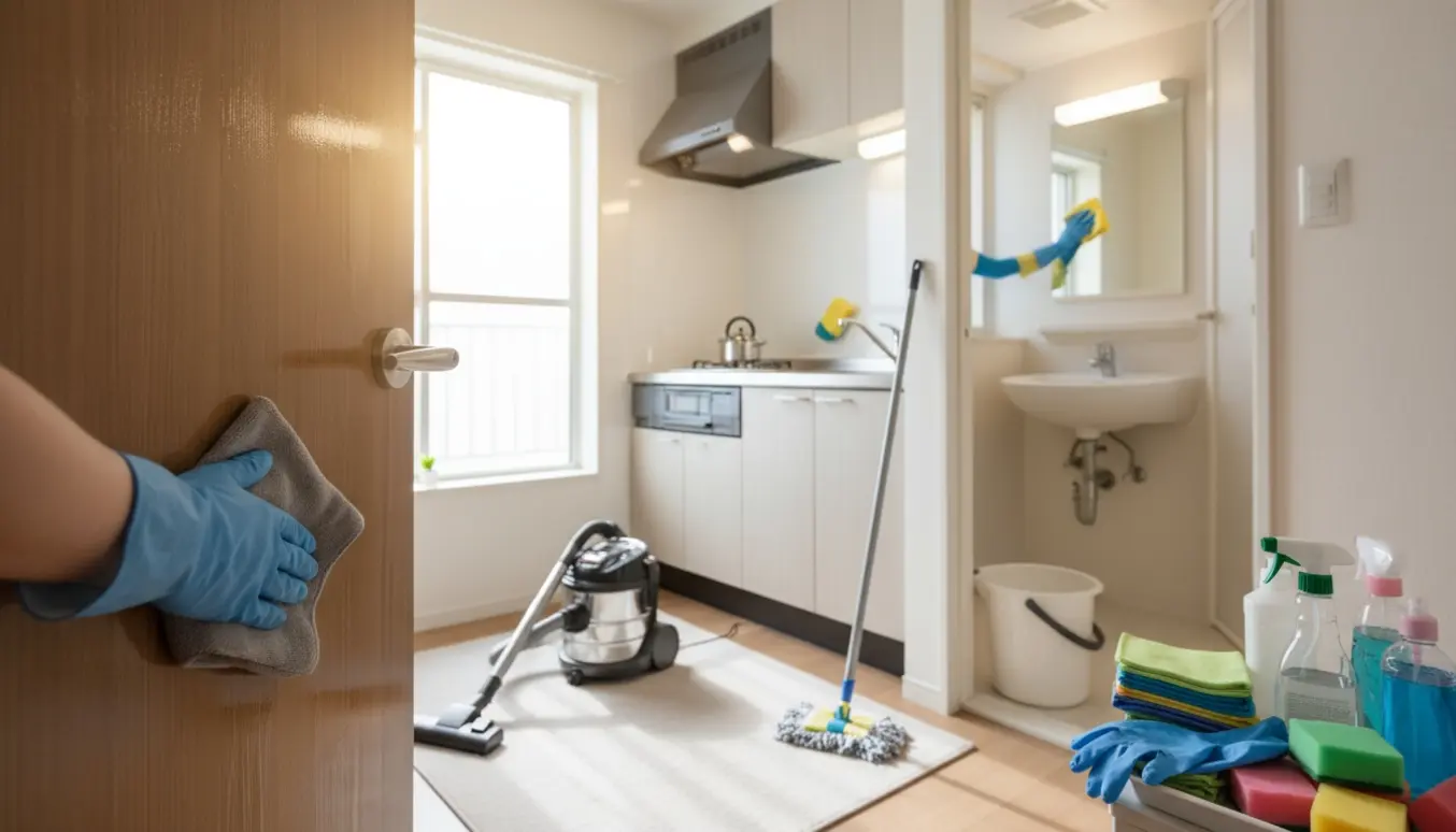 Grundig rengøring af lille lejlighed med handsker, klud, støvsuger og moppe, fokus på køkken og badeværelse.