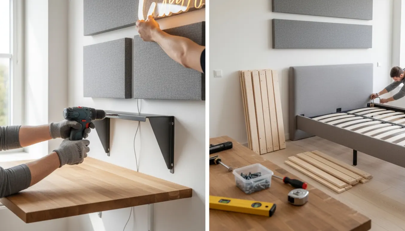 Hænder monterer bordplade med bordknægte og akustikpaneler under et lysskilt, mens en seng samles i baggrunden.