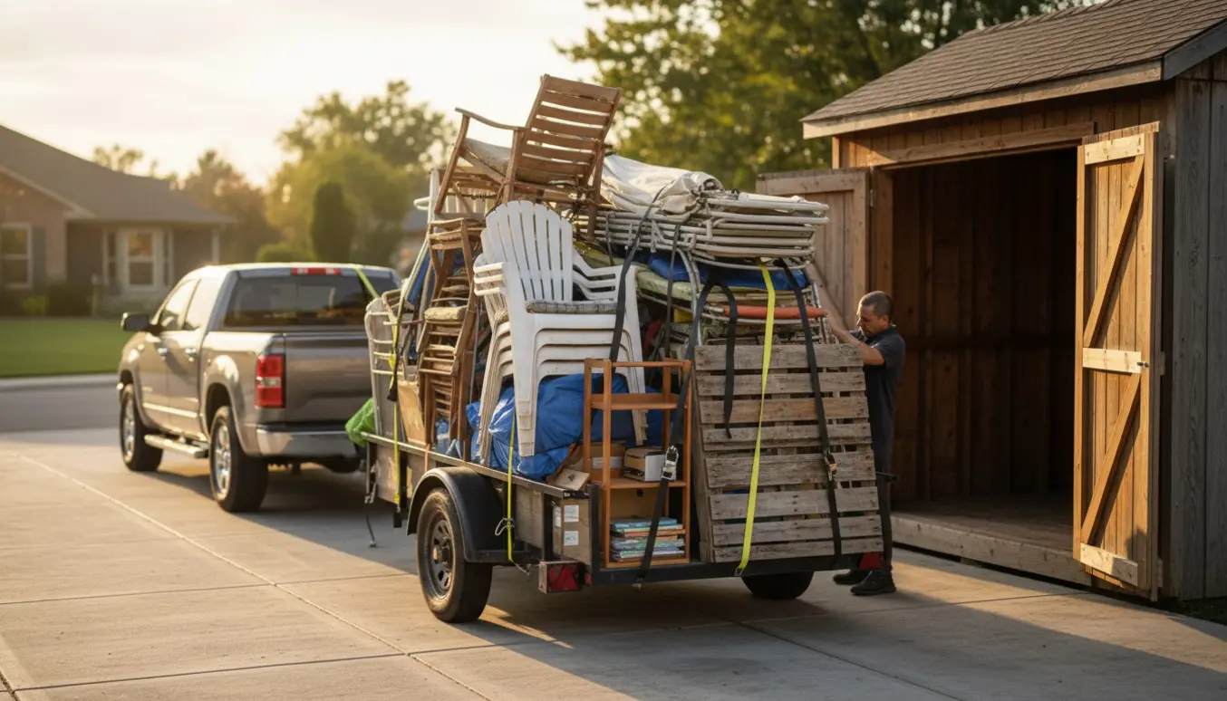 Pickup og trailer lastet med gamle havemøbler, reol og paller ved et åbent skur, klar til at blive kørt på lossepladsen.